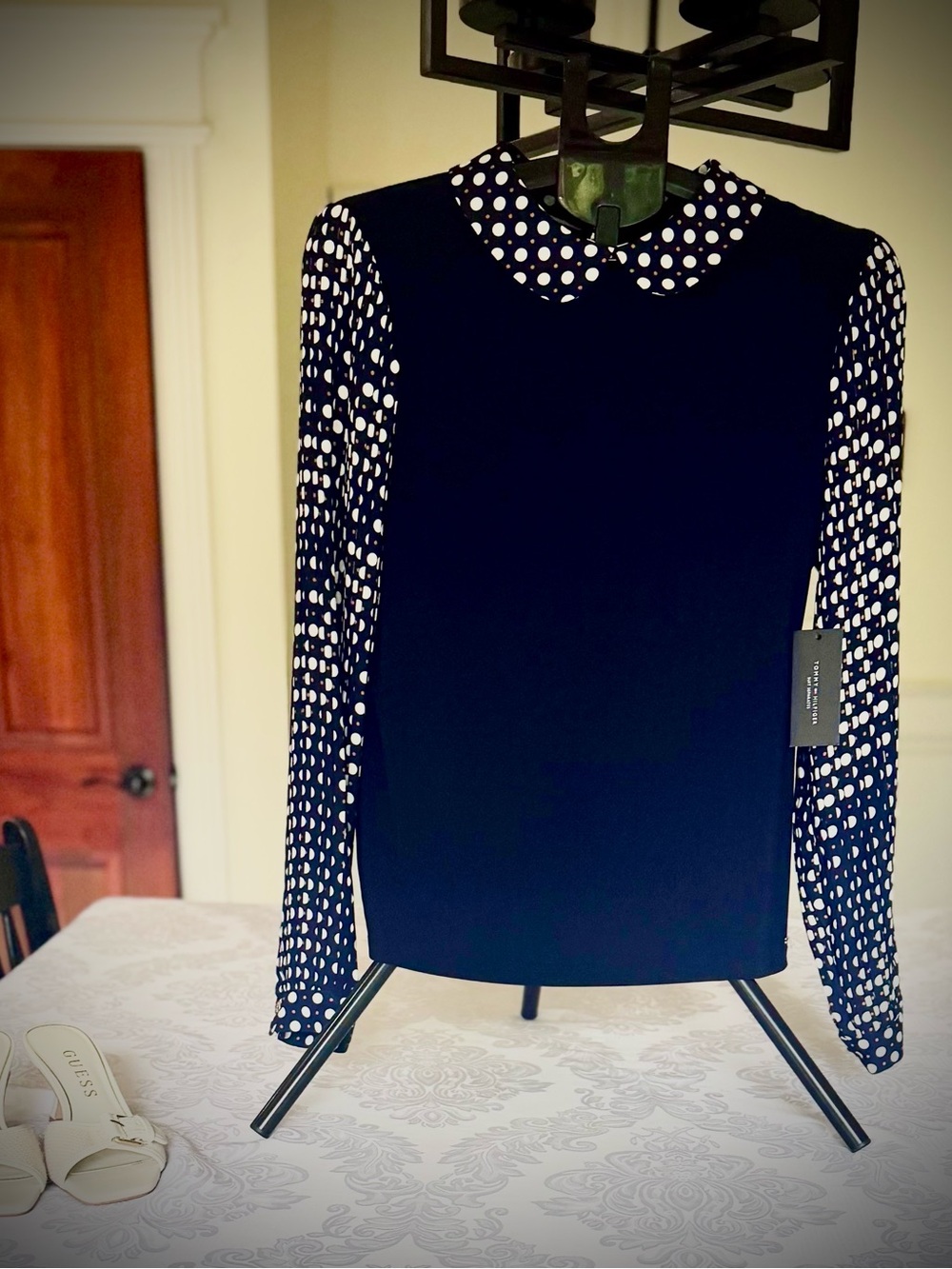 Tommy Hilfiger Peter Pan collar Navy and White Polka Dot Blouse NWT
